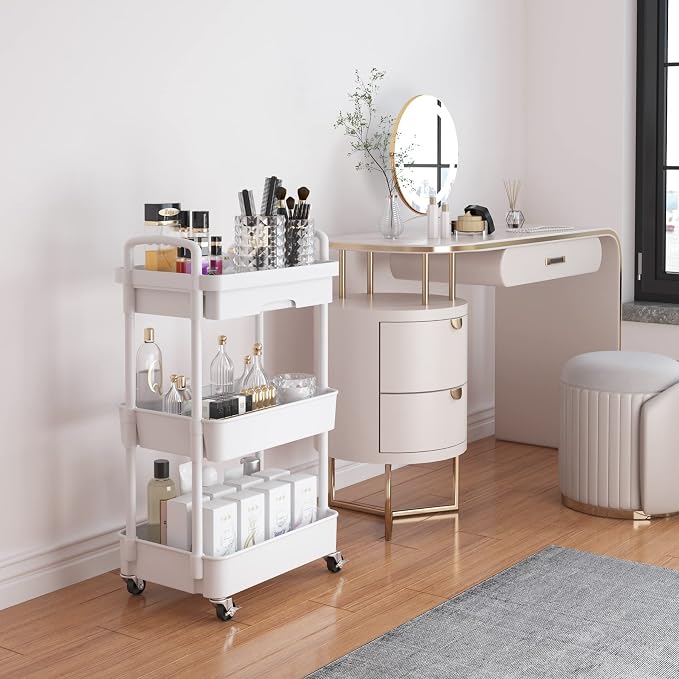 Calmootey 3-Tier Rolling Utility Cart with Drawer,Multifunctional Storage Organizer with Plastic Shelf & Metal Wheels,Storage Cart for Kitchen,Bathroom,Living Room,Office,White | Space-Saving Organizer, Sturdy Plastic Shelves, Smooth-Rolling Metal Whee...