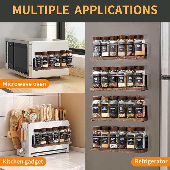 Wooden Lid Magnetic Spice Rack with 24 Jars, 216 Labels, 1 Steel Funnel for Refrigerator，Microwave Oven - Full Set of Spice Organizer
