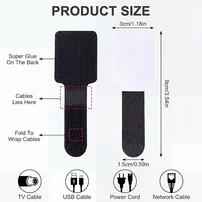 100PCS Cable Management Under Desk, Hook and Loop Cable Straps Self Adhesive Cable Organizer, Reusable Cable Ties for Cords Home Office TV Computer Car Wire Organizer, Black