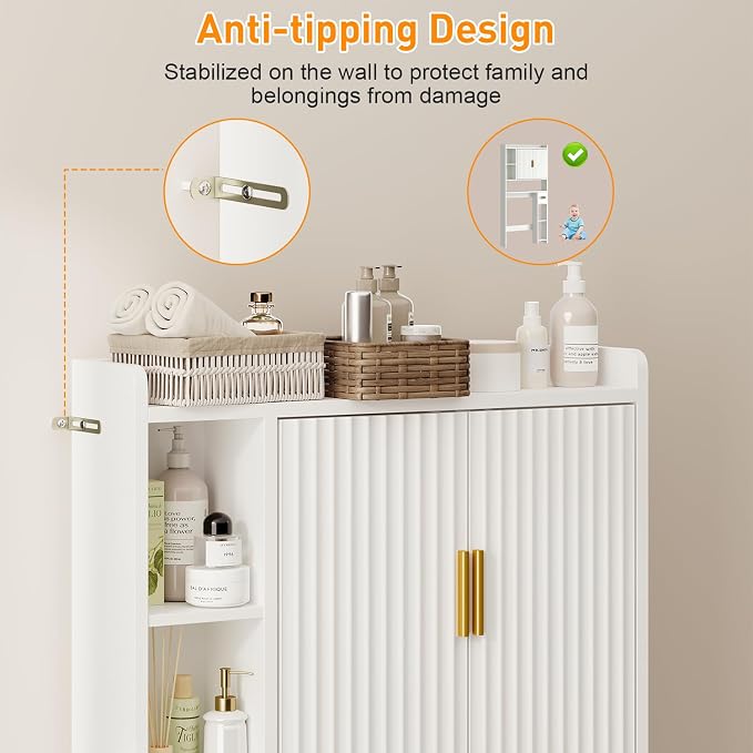 knoworld Fluted Over The Toilet Storage Cabinet, Above Toilet Bathroom Organizer with Toilet Paper Holder, Modern Behind Toilet Cabinet, Space Saver for Restroom, Bathroom, Laundry, White
