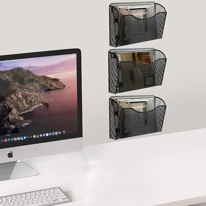 Gawerk Mesh Hanging Wall File Holders, Metal Vertical Wall Basket Mail Organizer for Office/Home (Black, 2 Pack Wall Mounted)