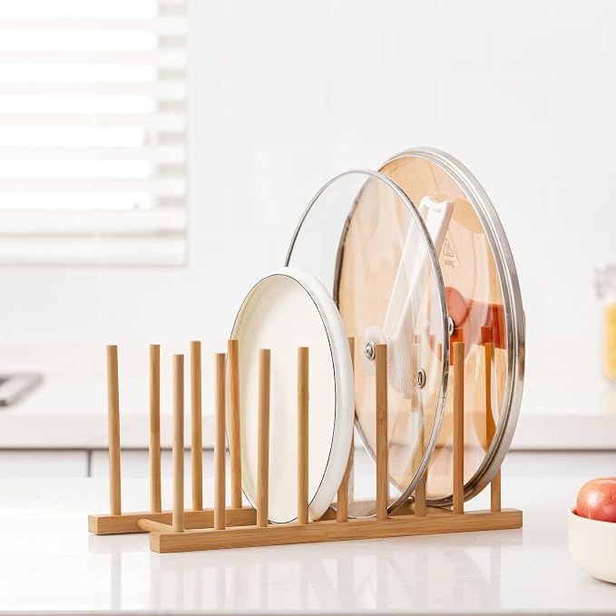 HBlife Heighten and Widen Bamboo Dish Drying Rack Plate Pot Lid Organizer | Plate Bowl Cup Book Pot Lid Cutting Board Stand, Drainer Storage Holder Organizer, For Kitchen Cabinet, 8 Slots