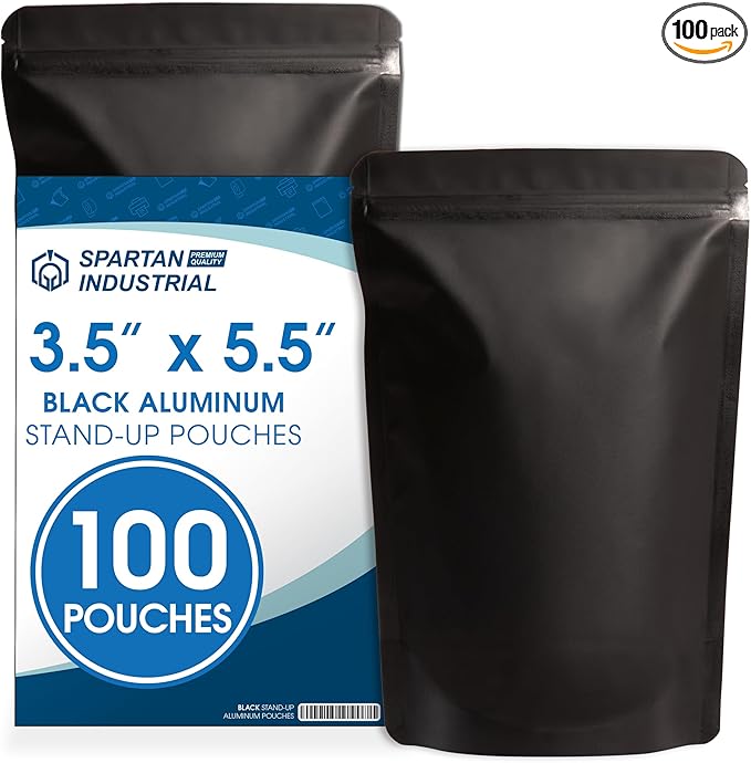 Spartan Industrial 3.5" X 5.5" Matte Black Stand-Up Mylar Bags - 100 Count Small Smell-Proof Bags With Heat Sealable Opening and Resealable Zipper