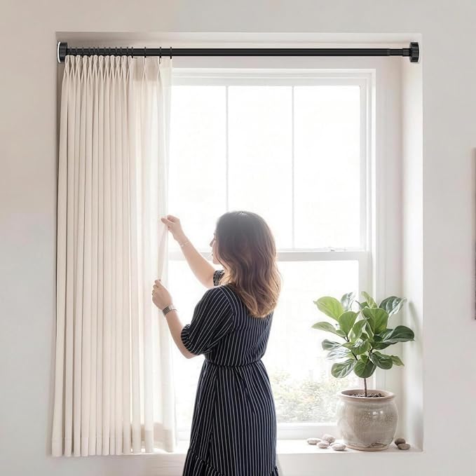 Heavy Duty Tension Shower Curtain Rod 48-74 Inch Black | Rustproof Steel, Drill-Free Mount, Adjustable Rods for Bathroom Sliding Door Patio Living Room, Non-Slip No-Tools Install