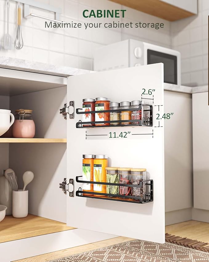 Doakhirmit Wall Mounted Spice Rack,Wooden Spice Holder Black,2 Pack | 8 Hooks,Screw or Adhesive Installation , Hanging Organizer for Stove Cabinet Pantry Door Kitchen and RV Use