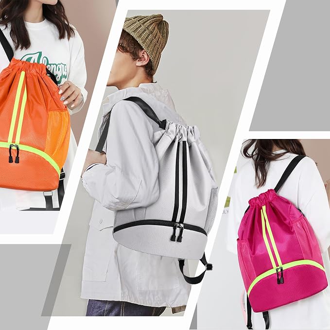 Hoedia Sports Drawstring Backpack - Swim Gym Bag for Women and Men | String Bag with Shoes Compartment and Wet Proof Pocket, Adjustable Wider Shoulder Strap, For Soccer, Basketabll, Volleyball