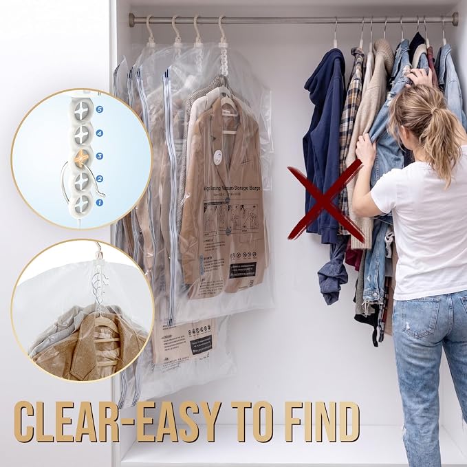 TAILI Hanging Vacuum Storage Bags with Electric Air Pump, Vacuum Seal Bags for Clothing Travel, Space Saving Hangers for Clothes, Coats, Suits and Jackets,Set of 6 (6 Long)