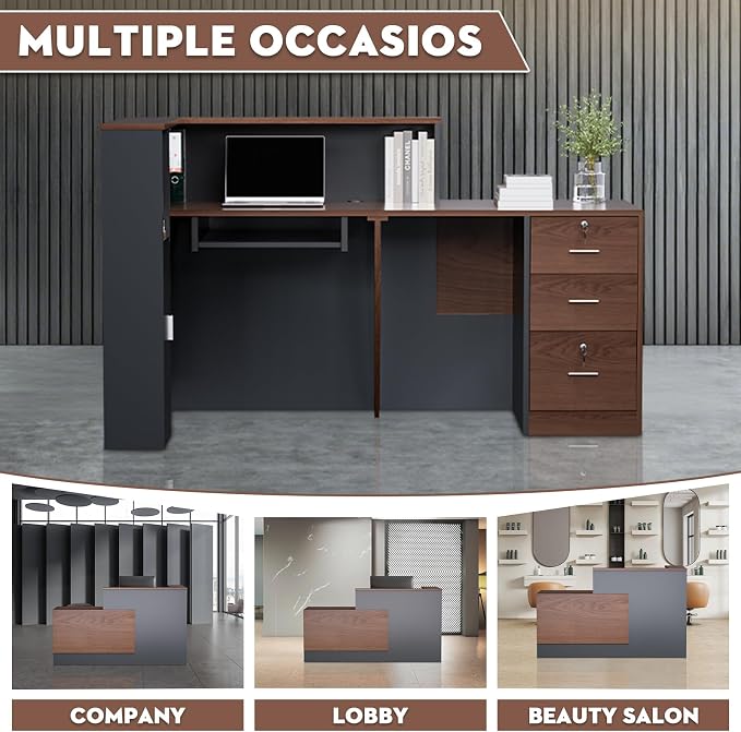 Ceridwen L-Shaped Large Wooden Reception Desk, Modern Front Desk Reception Counter with Lockable Drawers, Storage & Keyboard Tray for Office Lobby Checkout (Left-Brown + Black, 71''L x 34''W x 41''H)