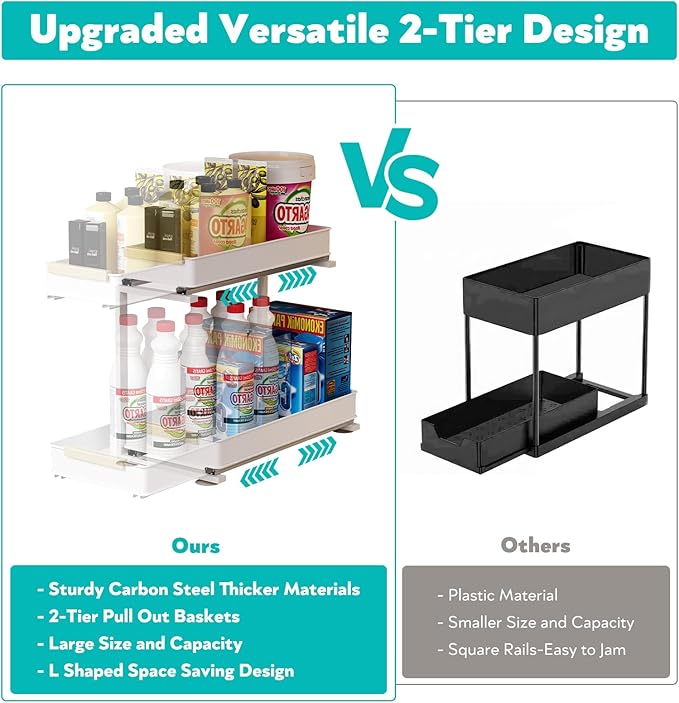 AndUp Under Sink Organizer, 2 Tiers Pull Out Bathroom Organizers and Storage, Slide Out Cabinet Organizer Shelf for Kitchen Bathroom, Multi-Purpose Collection Organizer Drawer Shelf (White, 1pcs)