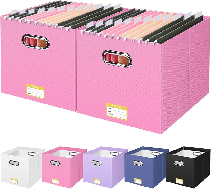 BALEINE File Organizer Box, Cardboard File Folder Organizer with Handle for Letter Size, Portable Collapsible Hanging Filing Box for Home Office Document Storage (2 Pack, Large Pink)