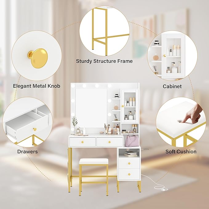 YIKEHOME Makeup Vanity Desk with Mirror and 10 Lights, 3-Colour Hollywood Brighter Bulbs, Vanity Table Set with Large Drawers and and Charging Station for Bedroom Dressing Room White