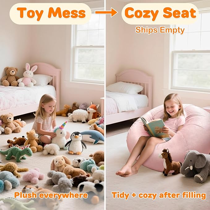 Lukeight Stuffed Animals Storage Bean Bag Chair Cover Only (Ships Empty, No Filling) - Velvet YKK Zipper Beanbag Cover for Toddlers and Kids, Washable Plush Toy Organizer, Large 27" D x 16" H