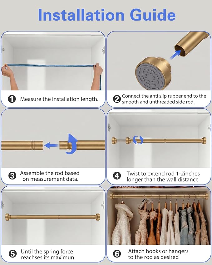 Closet Rod, No Drill Tension Closet Rod for Hanging Clothes, 17-84in, Gold | Quick Tool-Free Install, Non-Slip Rubber Ends Grip Securely, Heavy-Duty Rod Supports Up To 66 lb In Closet, Laundry Rooms, RV
