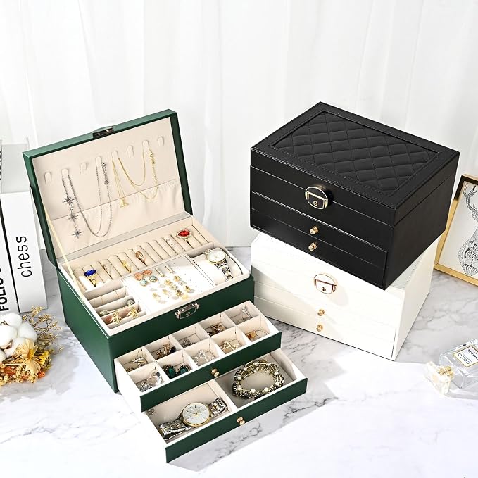 GUOER Jewelry Box for Women Girls, 3 Layers Large Jewelry Organizer (Green) | Vintage Quilting Stitching PU Leather, Earrings Bracelets Rings Necklace Watches Storage Large Jewellery Holder Case Gifts