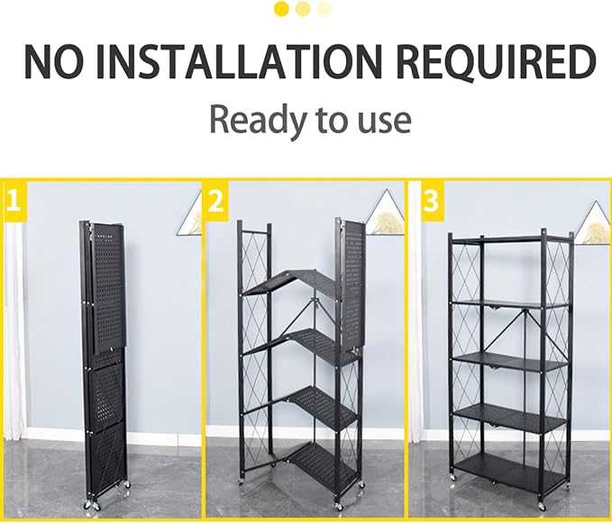 Life Hacks 2pcs 4-Tier Foldable Shelves for Storage, No Assembly Required, Folding Shelf Unit Pantry Shelves with Wheels, Metal Shelving Storage Rack Shelf for Kitchen Garage Home