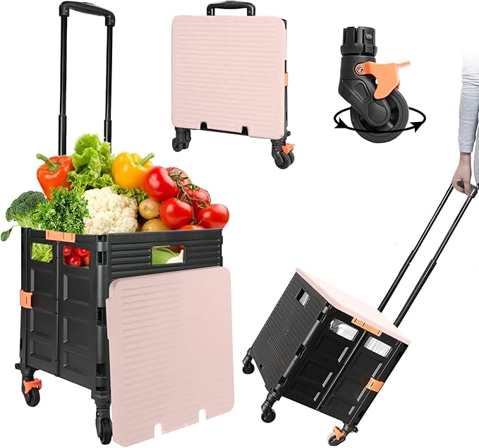 Quick Utility Cart Folding Portable Rolling Crate Handcart with Durable Heavy Duty Plastic Telescoping Handle Collapsible 4 Rotate Wheels for Travel Shopping Moving Luggage Office Use (black&pink lid)