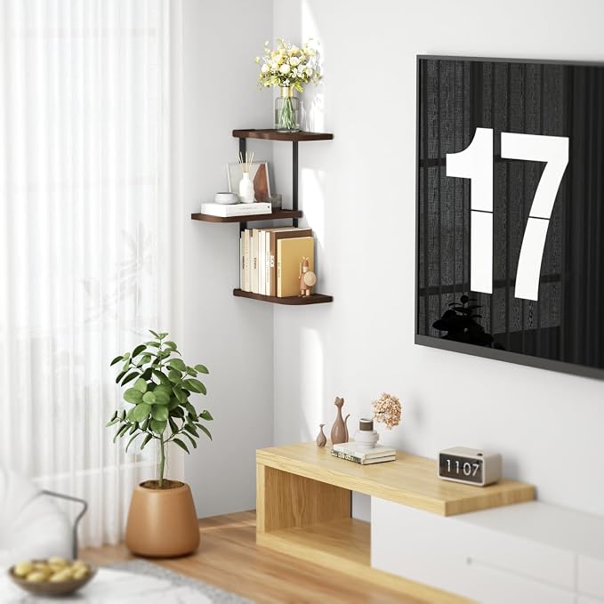 Love-KANKEI Corner Wall Shelf 3 Tier,Solid Wood with Bracket,17"Tall,Walnut | Floating Wall Shelves,Easy to Install,Capacity 26 Lbs,For Bedroom Living Room Bathroom Kitchen Office Display,Wall Decor