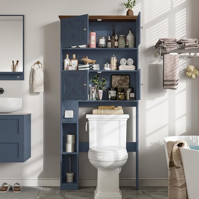 Halitaa Over The Toilet Storage Cabinet with Doors & Paper Holder, Blue | Halitaa Farmhouse Toilet Shelf Home Space Saver with 4 Barn Doors & Toilet Paper Holder Stand for Restroom, Bathroom, Laundry