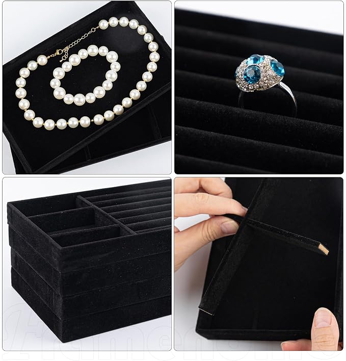Framendino, 4 Pack Black Velvet Jewelry Trays Stackable Organizer Drawer Inserts Container Display Case for Bracelets Necklaces