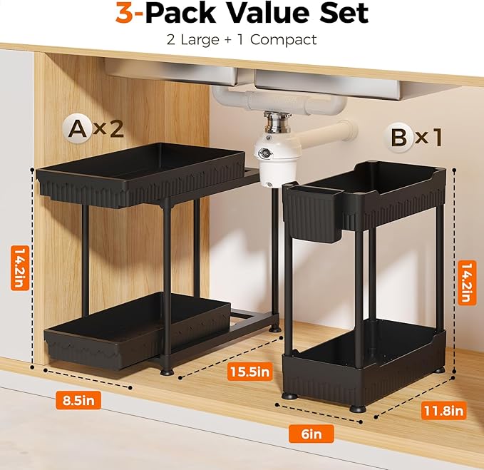 Sevenblue 3 Pack Under Sink Organizer, 2 Tier Slide Out Bathroom Cabinet Organizer, Multi-Purpose Storage Shelf for Kitchen, Black, 12.8Inch