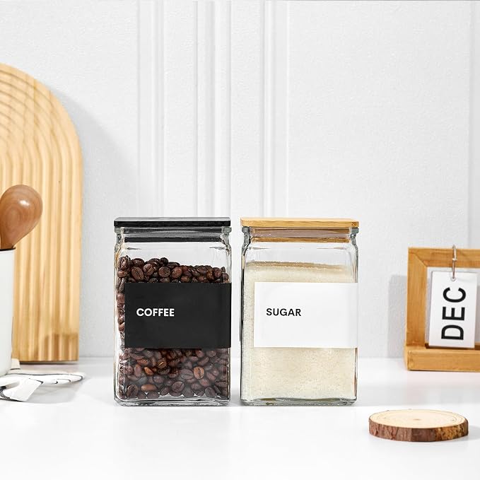 Glass Storage Jars with Bamboo Lids, 27oz Square Spice Jars for Kitchen Pantry Organization, Glass Seasoning Bottles Spice Containers with Labels for Cereal Flour Beans Tea