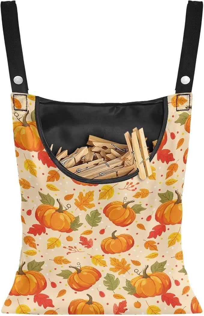 Maple Leaf Clothespin Bags Pumkpin Laundry Hanging Storage Organizer Clothes Pin Hanging Bags with Rope Clothespin Holder with an Space-Saving Opening for Clothesline Outdoor