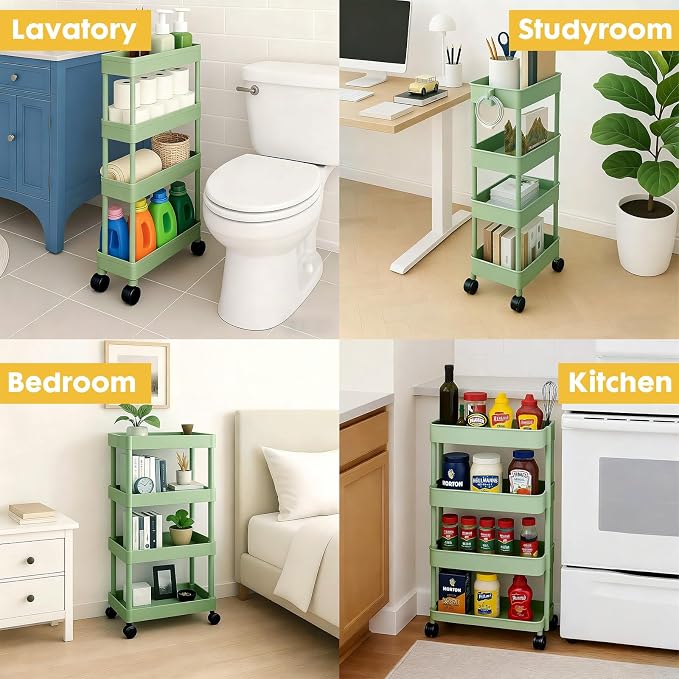 ShellKingdom 4 Tier Bathroom Storage Organizer, Slim Rolling Storage Cart for Narrow Space, Mobile Shelving Unit with Lockable Wheels and Hooks for Bathroom, Kitchen, Laundry Movable Shelf (Green)