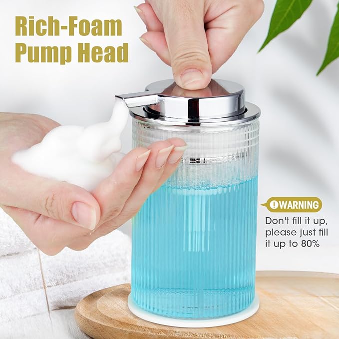 NiHome Foaming Hand Soap Dispenser 14oz Ribbed Glass, Non-Slip Bath Kitchen | Vertical-Ribbed Glass Bottle with Foam Pump and Stable Non-Slip Mat for Bathrooms and Kitchens