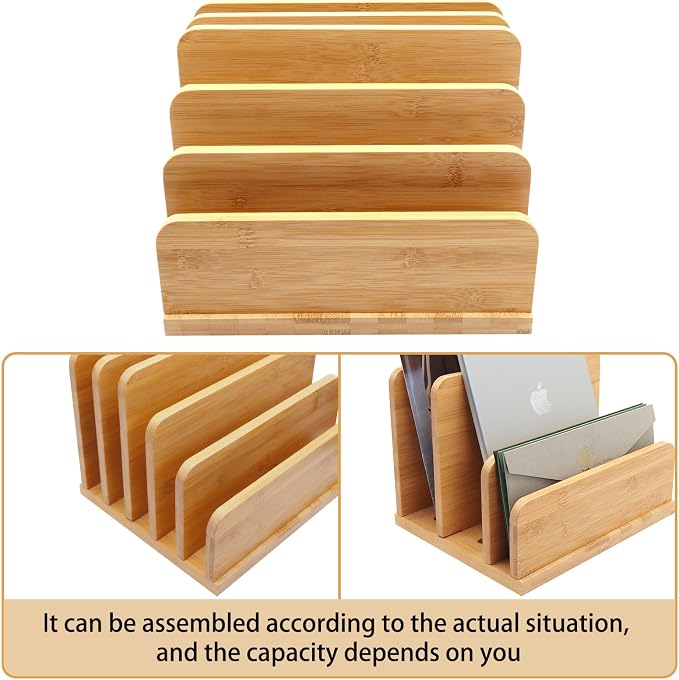 Desk File Mail Organizer Countertop, 5 Slots Bamboo Folder Sorter Holder for Letter, Envelope, Paper, Bill Filing, Desktop Tray Organizer for Office & Home