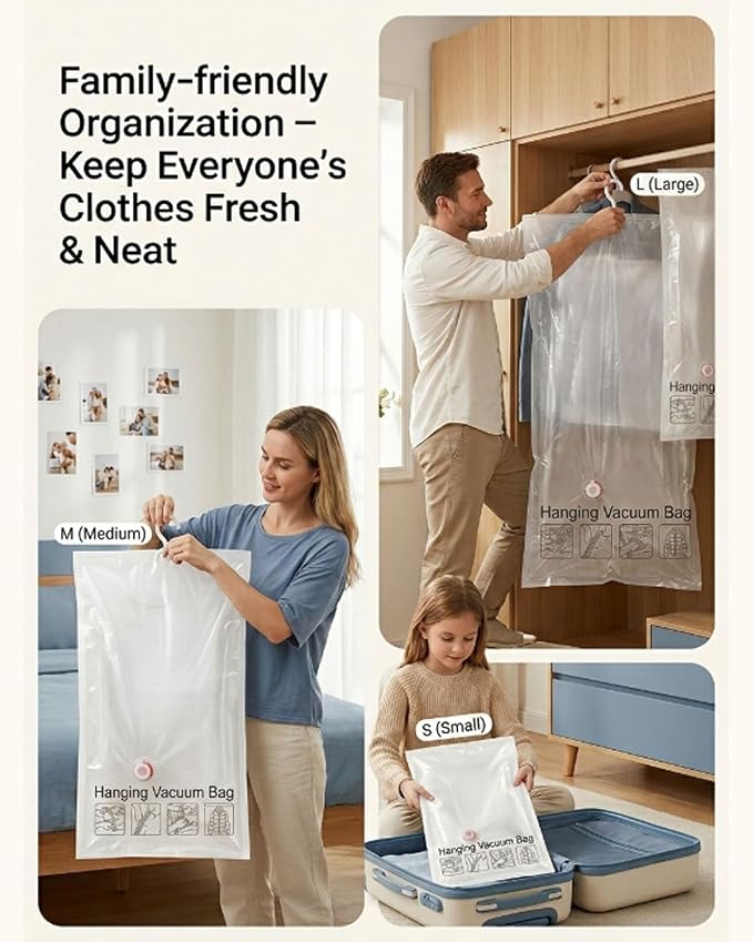 5 Pack Hanging Vacuum Storage Bags, Sealer Bags for Clothing Compression Suits and Jackets Travel and Home Organization Reusable Space Saver Three Sizes Large Medium and Small