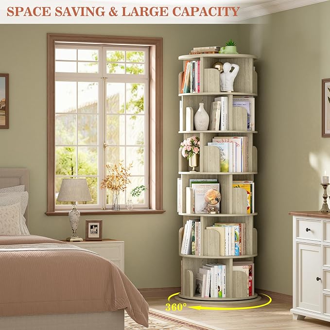 Aheaplus 6 Tier Rotating Bookshelf, Wood Spinning Bookshelf Tower, Round Revolving 360 Bookcase, Narrow Turning Book Shelf Rolling Corner Organizer for Small Space, Bedroom, Office, White Oak