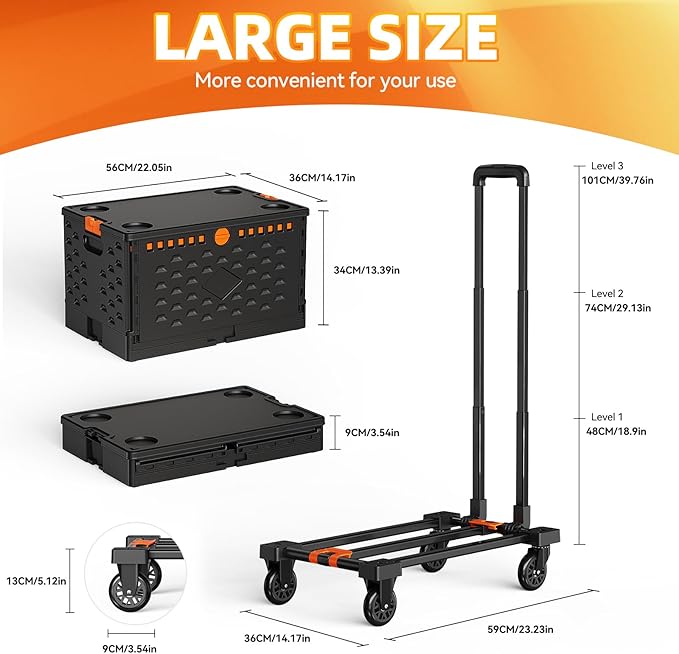 Folding Hand Truck Collapsible Crate Set, No Assembly Required 2 in 1 Utility Portable Rolling Crate Handcart with 4 Big Wheels & 2 Elastic Ropes & Removable Storage Crates (3.54 inches Wheels)