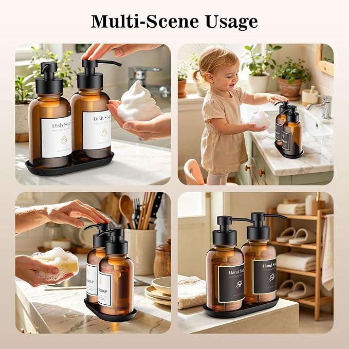 16.9 Oz Glass Foaming Soap Dispenser 2 Pack (Amber) | Refillable Hand & Dish Soap Pump, With Silicone Tray & 8 Waterproof Labels, For Bathroom & Kitchen，Perfect Housewarming Gift