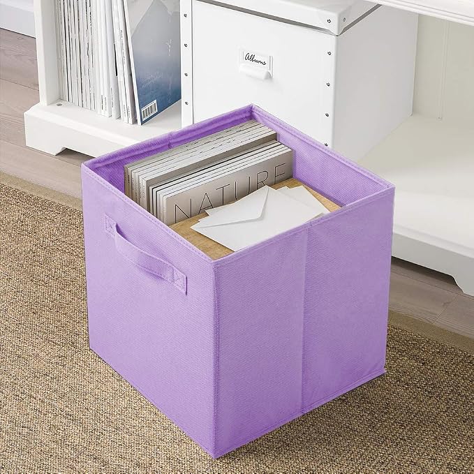 PowerKing Collapsible Storage Cubes, Farbic Storage Bins, Purple, 6 Pack | Sturdy, Lightweight, Easy Pull Handle, Closet & Shelf Organizer, Clothes and Toys Storage, 10.5'' x 11'' x 10.5''