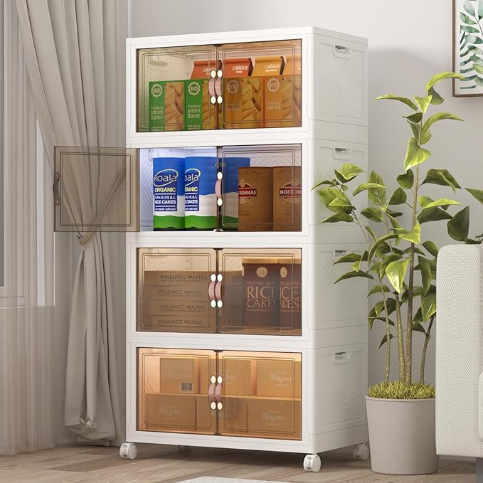 UAMFURI Extra Large Stackable Storage Bins with Lids & Wheels, 480QT-120QT/30GAL*4Pack Foldable Collapsible Closet Organizers Storage Cabinet with Doors for Bedroom Dorm