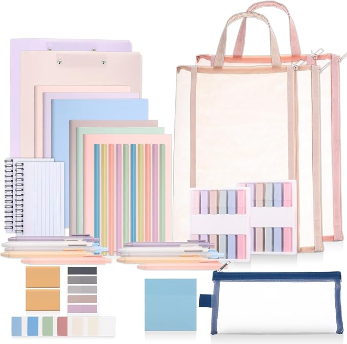 Colarr 54 Pcs Cute Notebook Stationery Set for Women, Bible Study Supplies, 6 Lined Notebooks, 36 Pens, Sticky Notes & Tabs, Bags & Folders for Work Journal Study College Office Supply(Macaron Color)