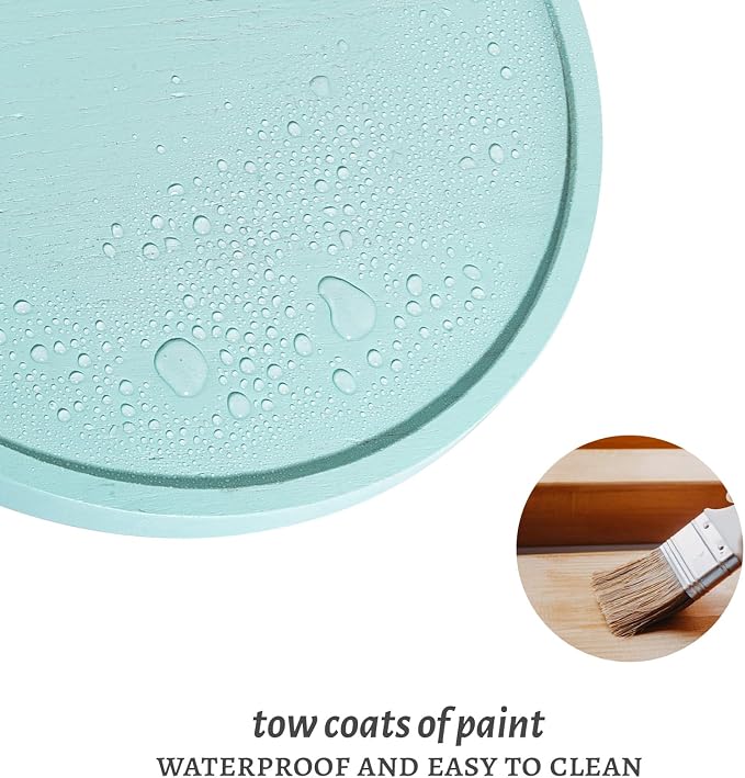Round Decorative Tray Farmhouse Kitchen Decor Soap Dish, 12" Light Blue | Waterproof, Lightweight, Easy Clean, Wood Riser Pedestal Stand Accessories for Office Desk, Vanity, Counter, Sink