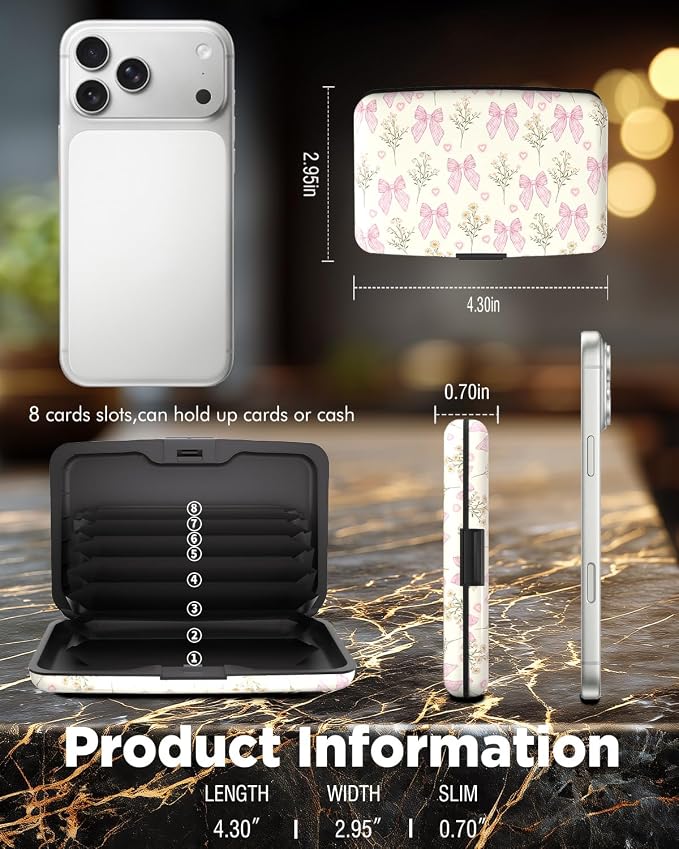 Maicican RFID Blocking Aluminum Credit Card Holder | Slim Metal Wallet for Women & Men, Business Card Case for Travel, Fits Front Pocket, Card holder wallet - pink bow