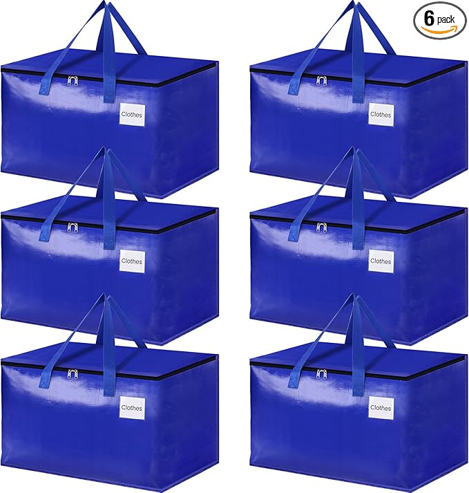 HomeHacks Moving Bags Heavy Duty with Strong Zippers and Handles Collapsible Moving Supplies, Storage Totes for Packing & Moving Storing 125L,6-Pack, Blue