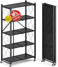Upgraded 18% Thickened Portable 5-Tier Foldable Storage Shelves with Wheels Heavy Duty Storage Shelf Collapsible Shelves Unit Display for Garage Storage Kitchen Pantry & Closet Organizer, Matte Black