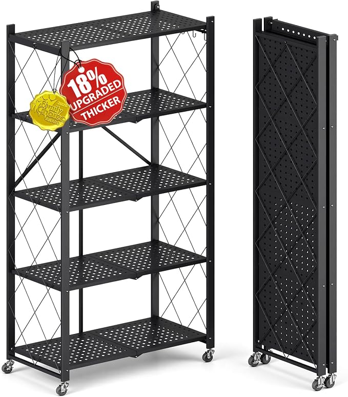 Upgraded 18% Thickened Portable 5-Tier Foldable Storage Shelves with Wheels Heavy Duty Storage Shelf Collapsible Shelves Unit Display for Garage Storage Kitchen Pantry & Closet Organizer, Matte Black