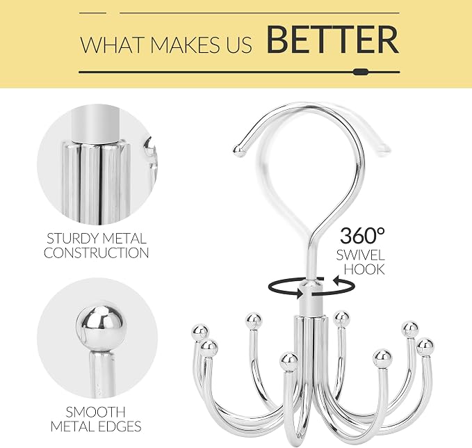 Belt Hanger, Space Saving Belt Organizer for Closet, Max 24 Storage Capacity, Rotating Belt Rack Closet Organizers and Storage for Hanging Belt, Ties, Silver