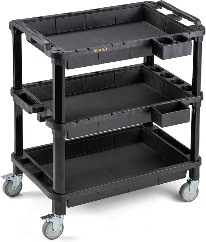 ELAFROS 3-Shelf Heavy Duty Rolling Utility Cart, 32.4 x 18.3 in | Multi-Use Service Tool Cart, 500 lbs Capacity, Deep Shelves, Industrial-Grade Plastic Cart, Mobile Work Organizer