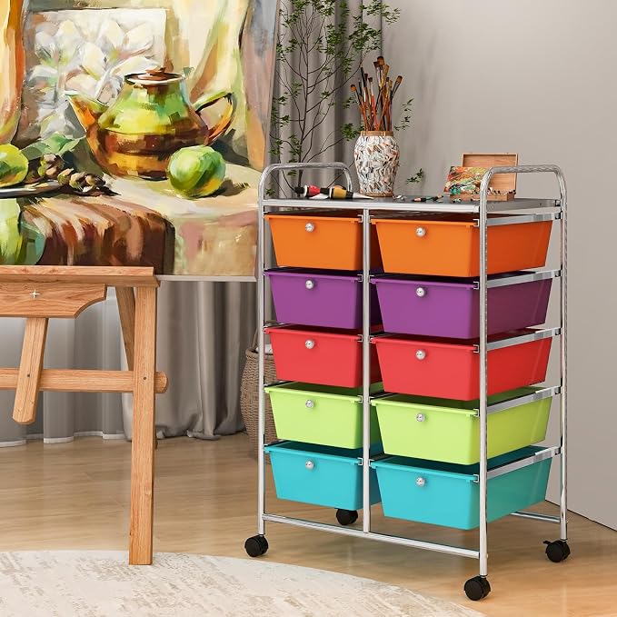 COSTWAY 10 Drawer Rolling Storage Cart, Utility Cart with Lockable Wheels | Mobile Art Supply Craft Organizer with Metal Frame, Multipurpose Drawer Cart for Paper for Office, School, Multi-color