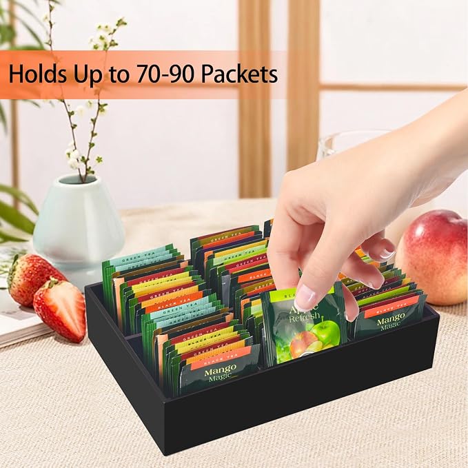 Tasybox Acrylic Tea Bag Organizer, Black Tea Bag Holder, Drawer Organizer | Tea Bag Holder with Removable Dividers, 6 Slot Tea Organizers and Storage for Countertop, Drawer, Pantry, Kitchen, Cabinet