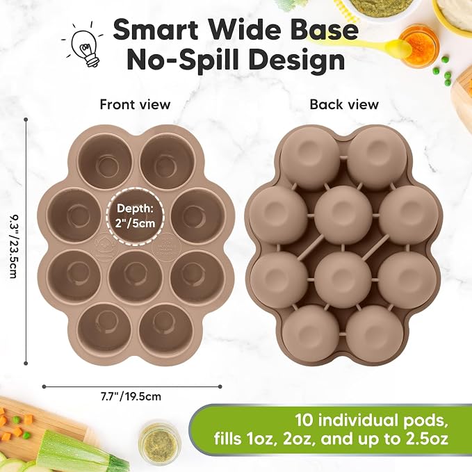 KeaBabies Silicone Food Freezer Trays with Lid, 2oz x 10 Pods (Chai Latte) | Baby Food Storage Containers, Easy Puree Meal Prep, Breast Milk Silicone Freezer Molds, Dishwasher, Microwave Safe, BPA-Free