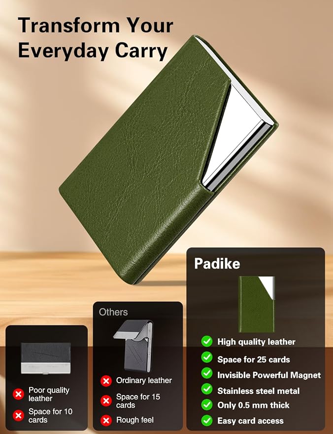 Padike Business Card Holder, Leather Business Card Case Pocket Card Holders for Men or Women, Metal Slim Name Card Holder RFID Blocking Business Card Carrier with Magnetic Closure (Z-Olive Green)