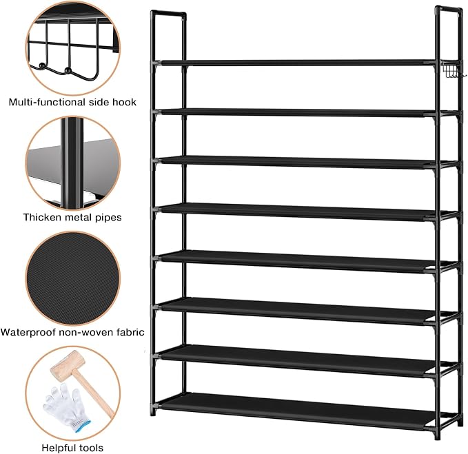 OYREL 8 Tier Shoe Organizer, 33.3in Wide x 11.2in Deep x 55.7in Tall, Black Metal and Plastic Shoe Rack, Holds up to 32-40 Pairs of Shoes