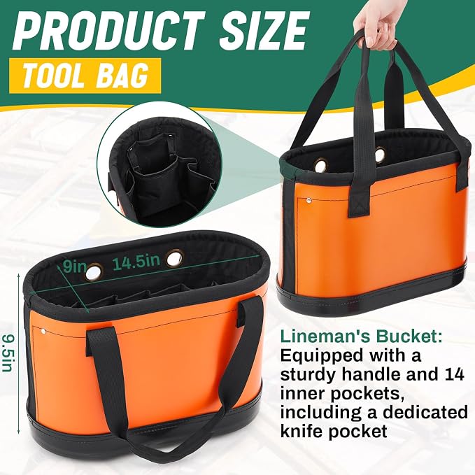 Oval Hard Bucket Tool Organizer, Utility Plastic 14 Pocket Polypropylene Tool Bucket Bag with Hook and Drain Holes for Home Garage Light Trade Lineman Tools, Without Stand
