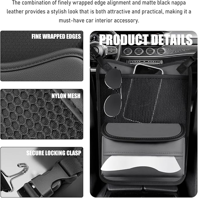 Car Organizer Storage Between Seats, Nappa Leather Front Seat Storage Bag with Tissue Holder, Automotive Console Hanging Net Pocket Handbag Holder for Phone Document (Gray)
